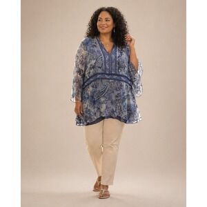 Avenue Paisley Silk Blouse Plus Size 22/24 Blue Whimsigoth Fairy Bell Sleeve